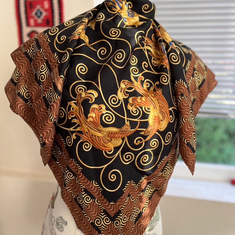Lancel silk scarf with birds black and gold